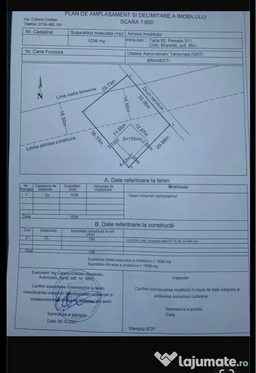 Vand teren intravilan Branesti 1036 mp direct proprietar