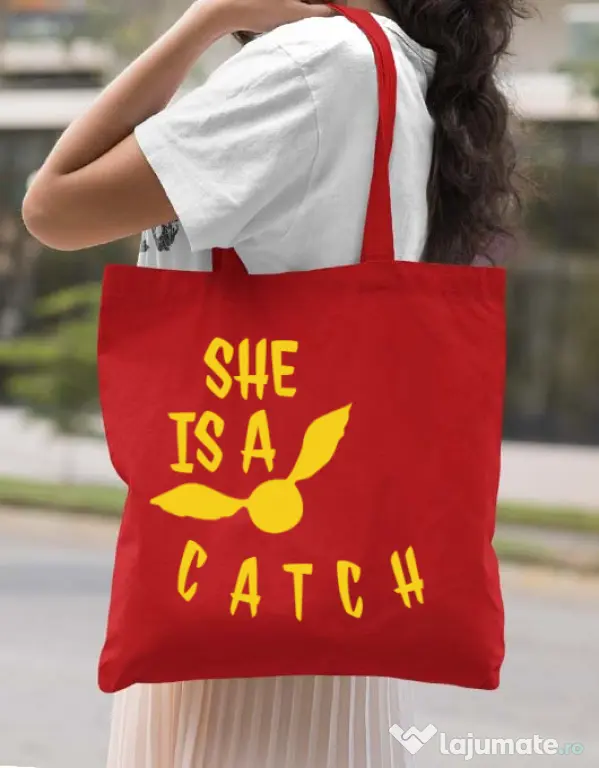 Sacosa din panza She is a catch Rosu