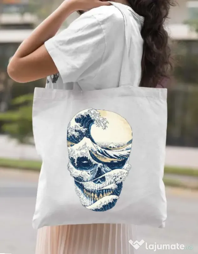 Sacosa din panza The Great Wave off Skull Alb