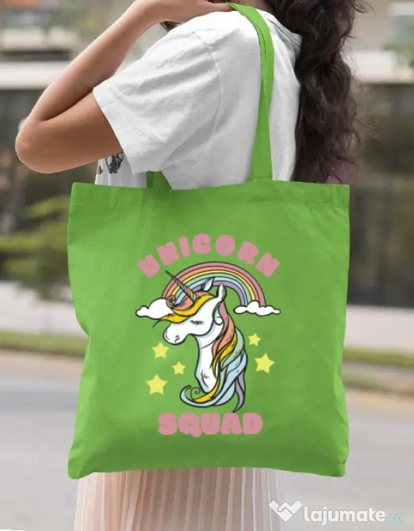 Sacosa din panza Unicorn squad Verde mar