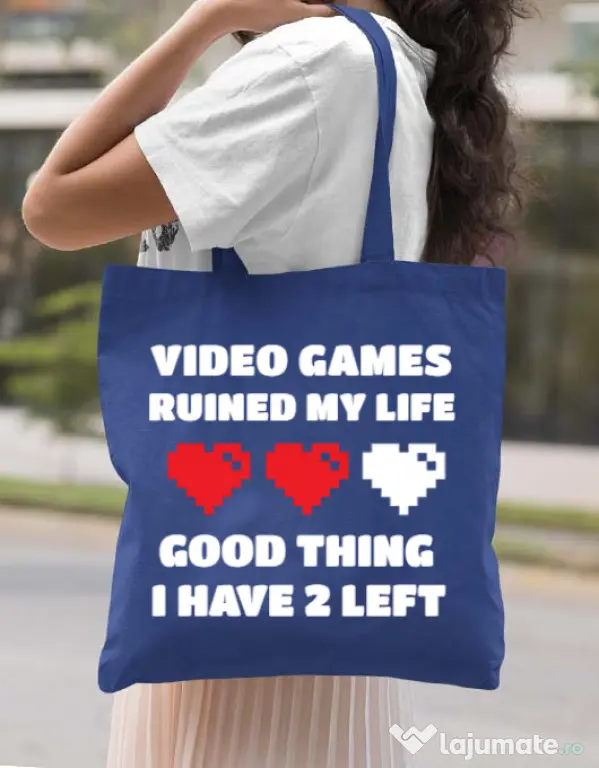 Sacosa din panza Video games ruined my life Albastru regal