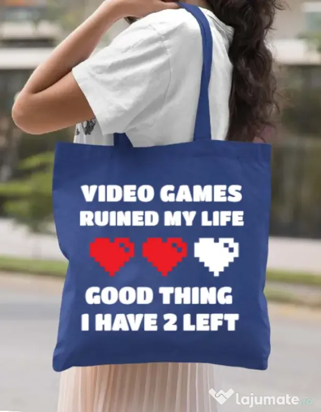 Sacosa din panza Video games ruined my life Albastru regal