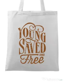Sacosa din panza Young Saved And Free Alb