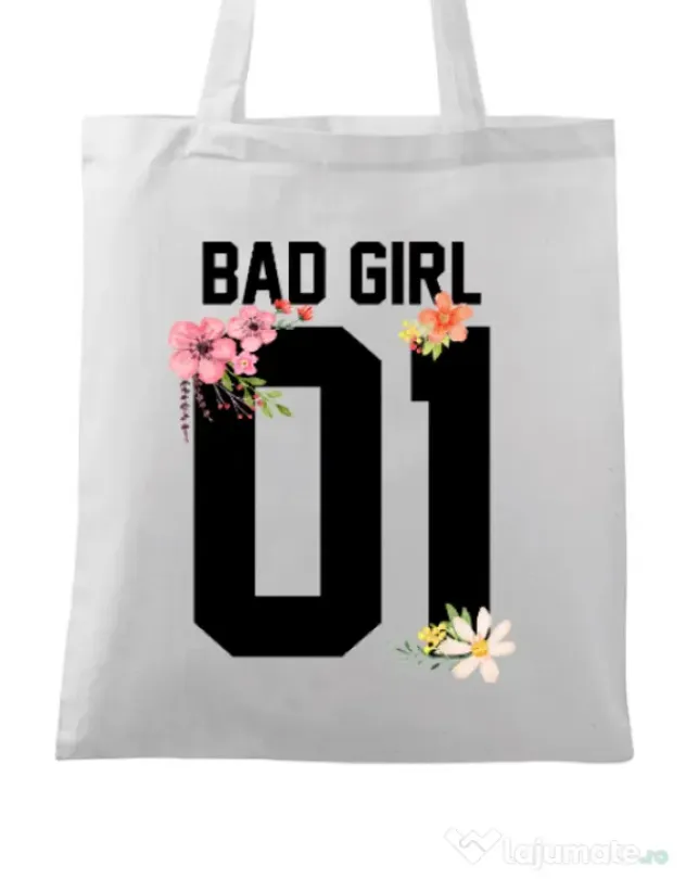 Sacosa din panza Bad girl Alb