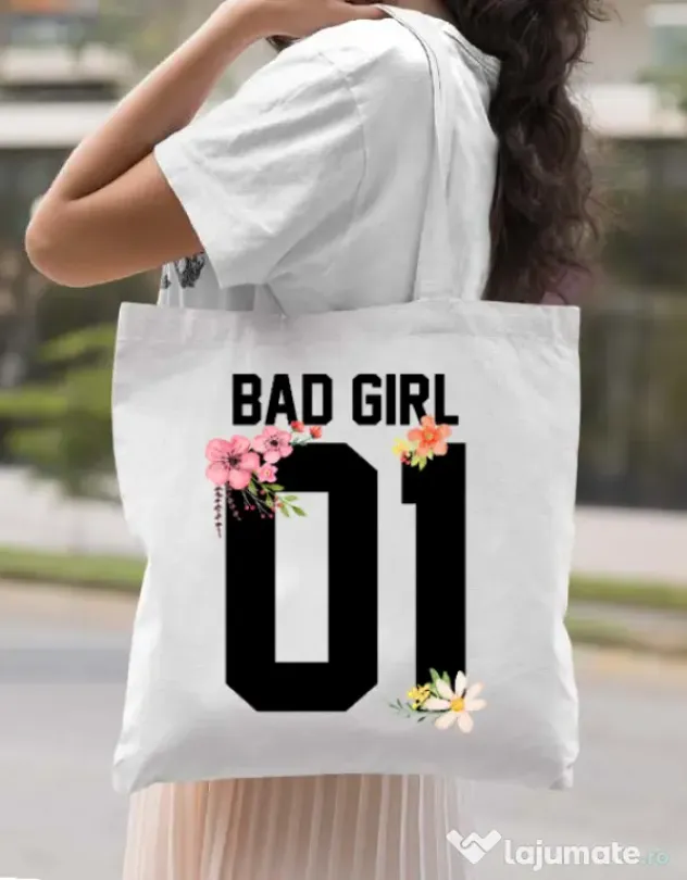 Sacosa din panza Bad girl Alb