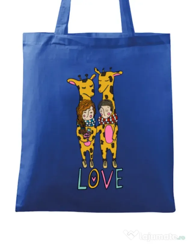 Sacosa din panza Giraffes love Albastru regal