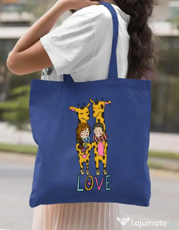 Sacosa din panza Giraffes love Albastru regal