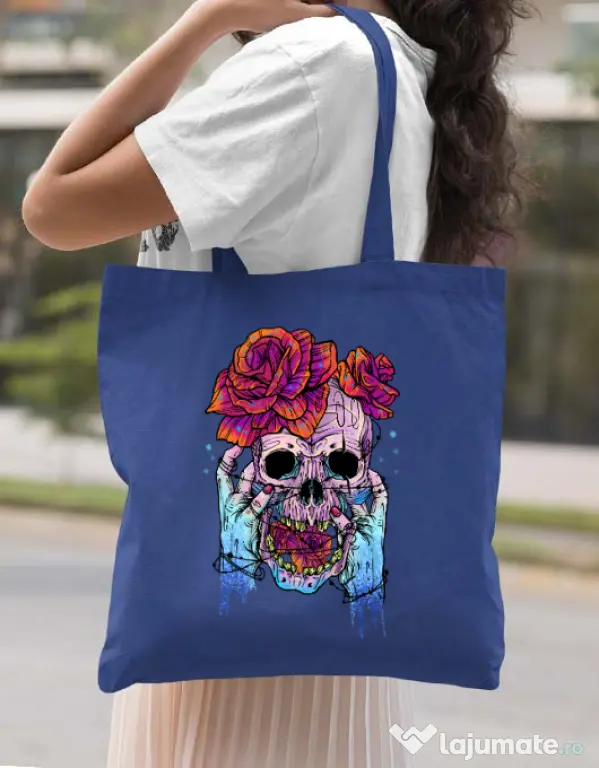 Sacosa din panza Hand skull Albastru regal