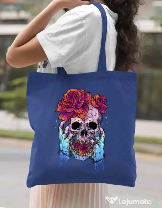 Sacosa din panza Hand skull Albastru regal