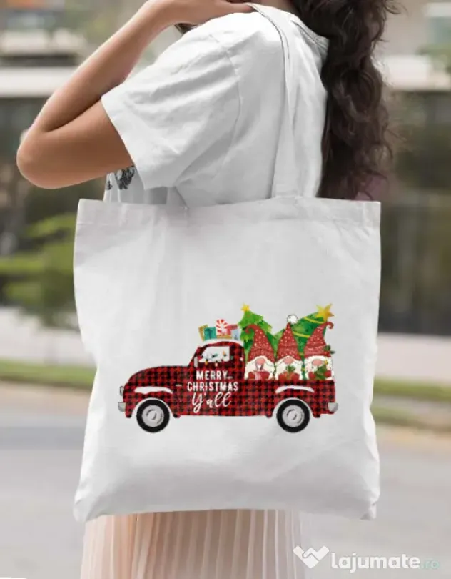 Sacosa din panza Merry Christmas Alb