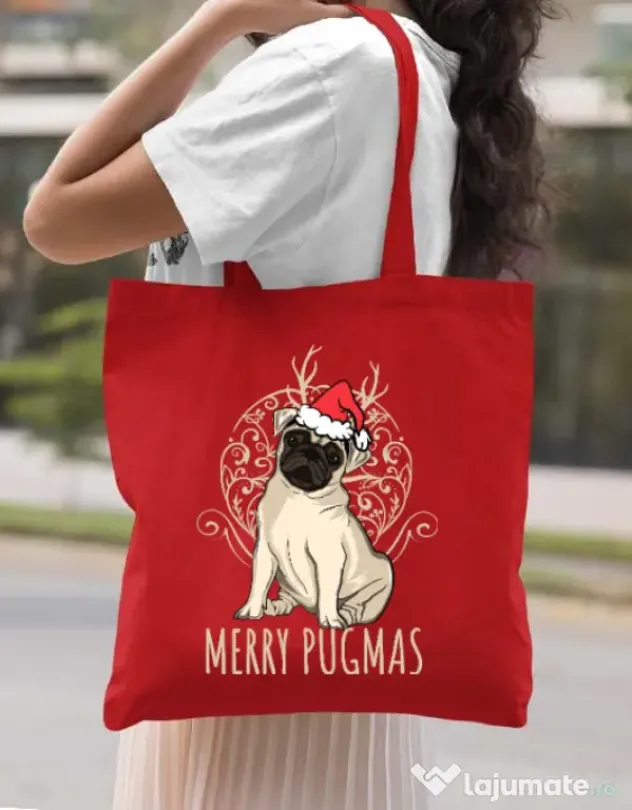 Sacosa din panza Merry pugmas Rosu