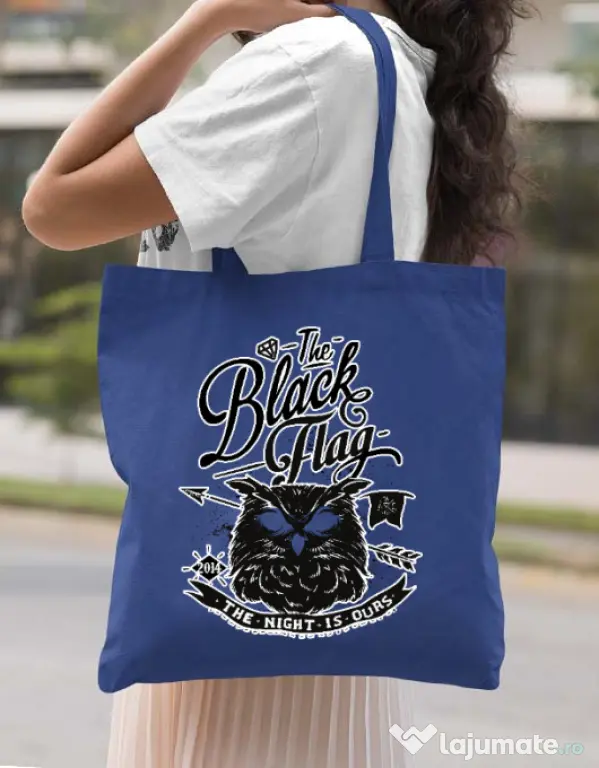Sacosa din panza The black flag owl Albastru regal