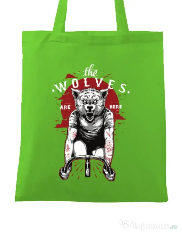 Sacosa din panza The wolves are here Verde mar