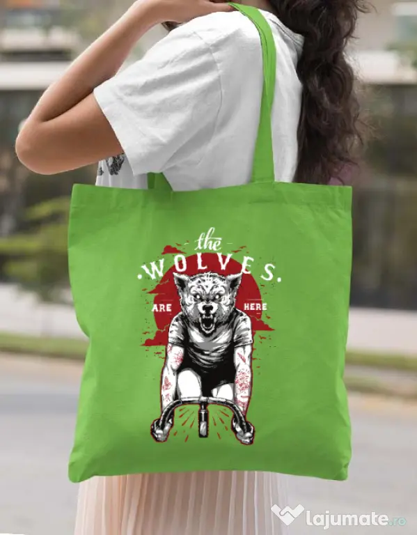 Sacosa din panza The wolves are here Verde mar
