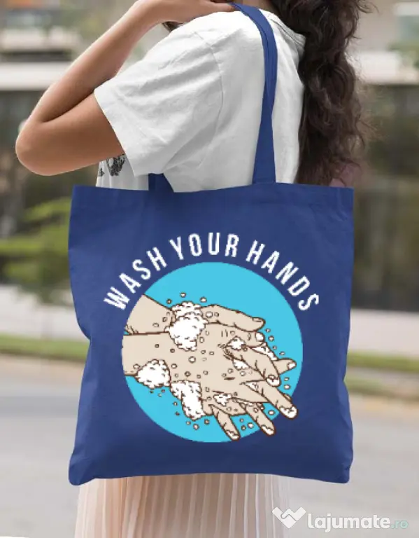 Sacosa din panza Wash your hands 2 Albastru regal