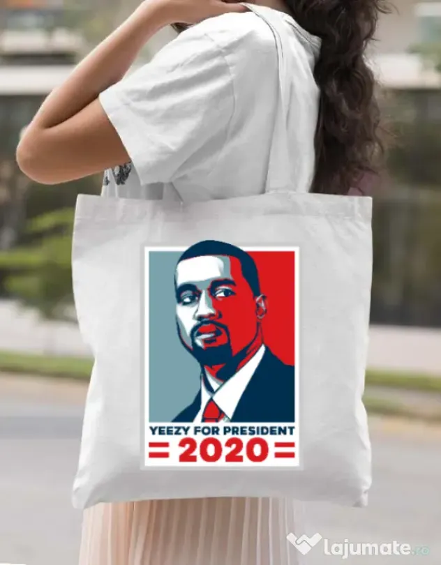 Sacosa din panza Yezzy for president Alb