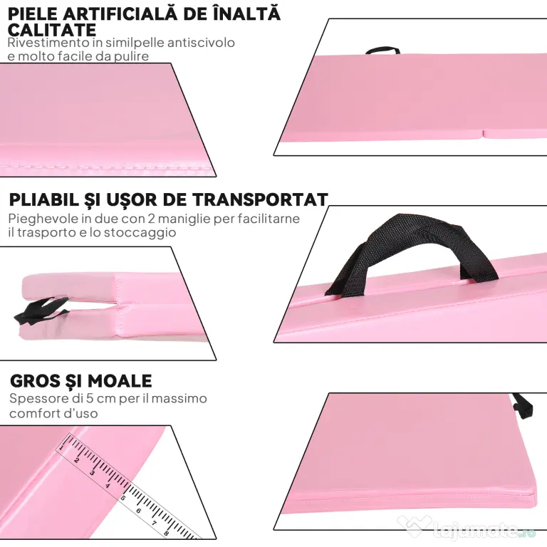HOMCOM Covoraș de Gimnastică Pliabil și Antiderapant 180x60x5 cm Roz | Aosom Romania