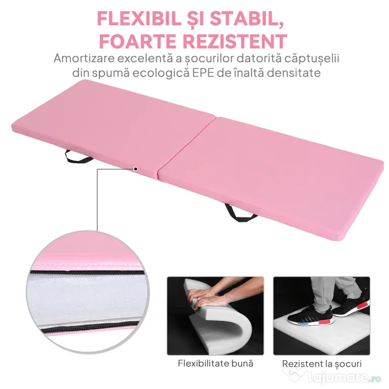 HOMCOM Covoraș de Gimnastică Pliabil și Antiderapant 180x60x5 cm Roz | Aosom Romania