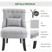 Fotoliu Captusit HOMCOM din Lemn si In cu Perna Detasabila Gri | Aosom Romania