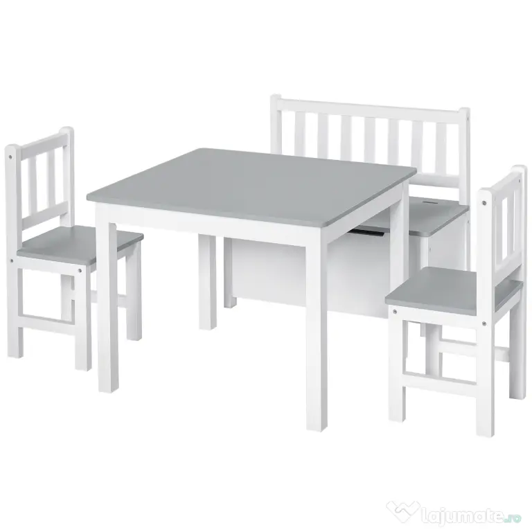 HOMCOM Set Mobilier pentru Copii 4 Piese, Masă, 2 Scaune, Bancă Depozitare, Lemn Multifuncțional, Alb și Gri | Aosom Romania