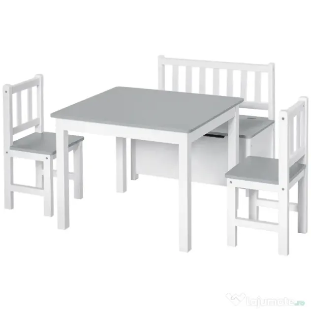 HOMCOM Set Mobilier pentru Copii 4 Piese, Masă, 2 Scaune, Bancă Depozitare, Lemn Multifuncțional, Alb și Gri | Aosom Romania