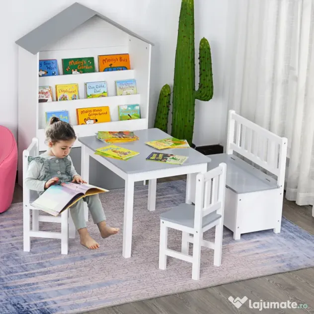 HOMCOM Set Mobilier pentru Copii 4 Piese, Masă, 2 Scaune, Bancă Depozitare, Lemn Multifuncțional, Alb și Gri | Aosom Romania