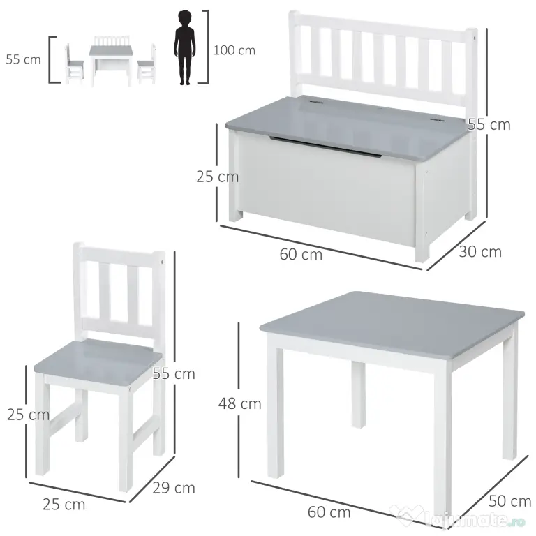 HOMCOM Set Mobilier pentru Copii 4 Piese, Masă, 2 Scaune, Bancă Depozitare, Lemn Multifuncțional, Alb și Gri | Aosom Romania