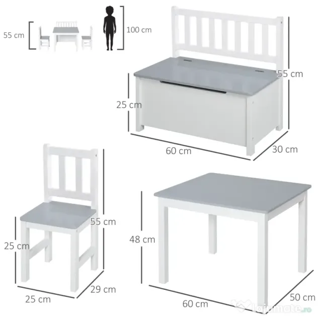 HOMCOM Set Mobilier pentru Copii 4 Piese, Masă, 2 Scaune, Bancă Depozitare, Lemn Multifuncțional, Alb și Gri | Aosom Romania