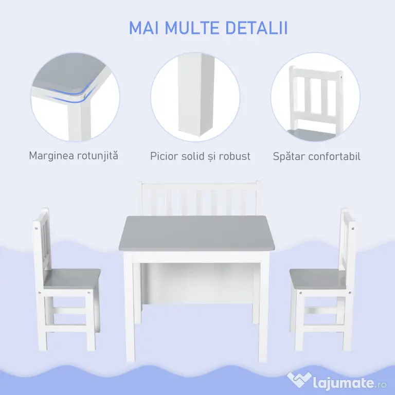 HOMCOM Set Mobilier pentru Copii 4 Piese, Masă, 2 Scaune, Bancă Depozitare, Lemn Multifuncțional, Alb și Gri | Aosom Romania