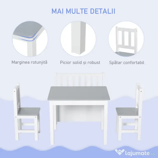 HOMCOM Set Mobilier pentru Copii 4 Piese, Masă, 2 Scaune, Bancă Depozitare, Lemn Multifuncțional, Alb și Gri | Aosom Romania