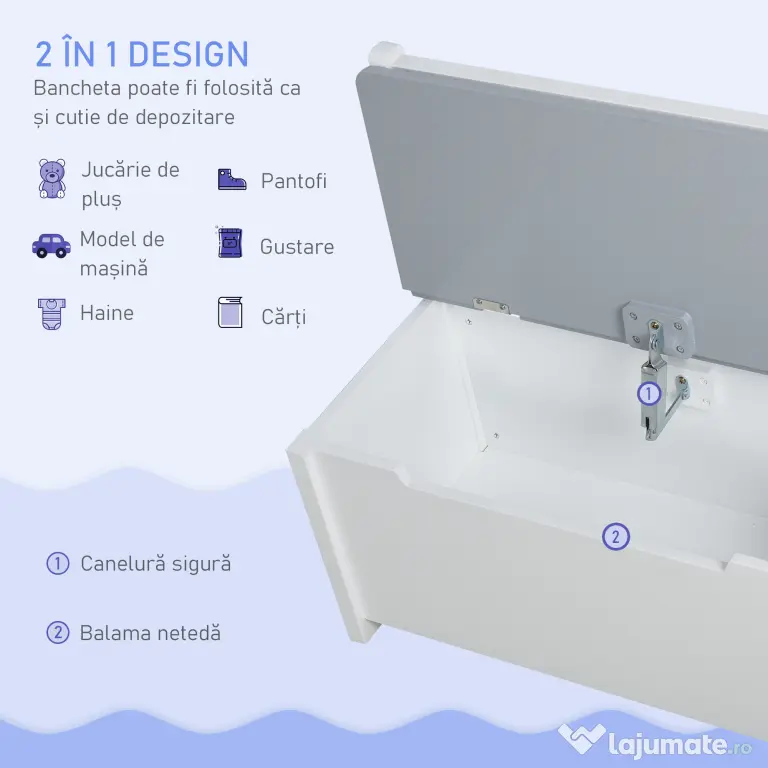 HOMCOM Set Mobilier pentru Copii 4 Piese, Masă, 2 Scaune, Bancă Depozitare, Lemn Multifuncțional, Alb și Gri | Aosom Romania