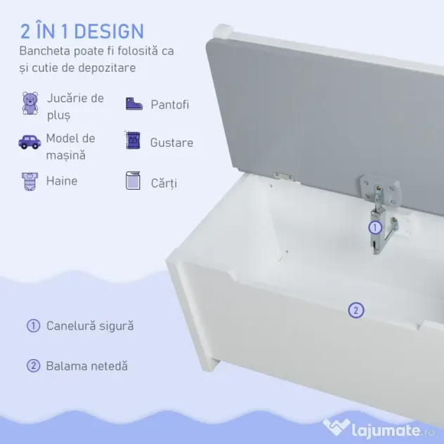 HOMCOM Set Mobilier pentru Copii 4 Piese, Masă, 2 Scaune, Bancă Depozitare, Lemn Multifuncțional, Alb și Gri | Aosom Romania
