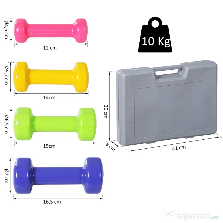 HOMCOM set 4 perechi greutati, cu valiza, 0.5kg, 1kg, 1.5kg, 2 kg | Aosom Romania