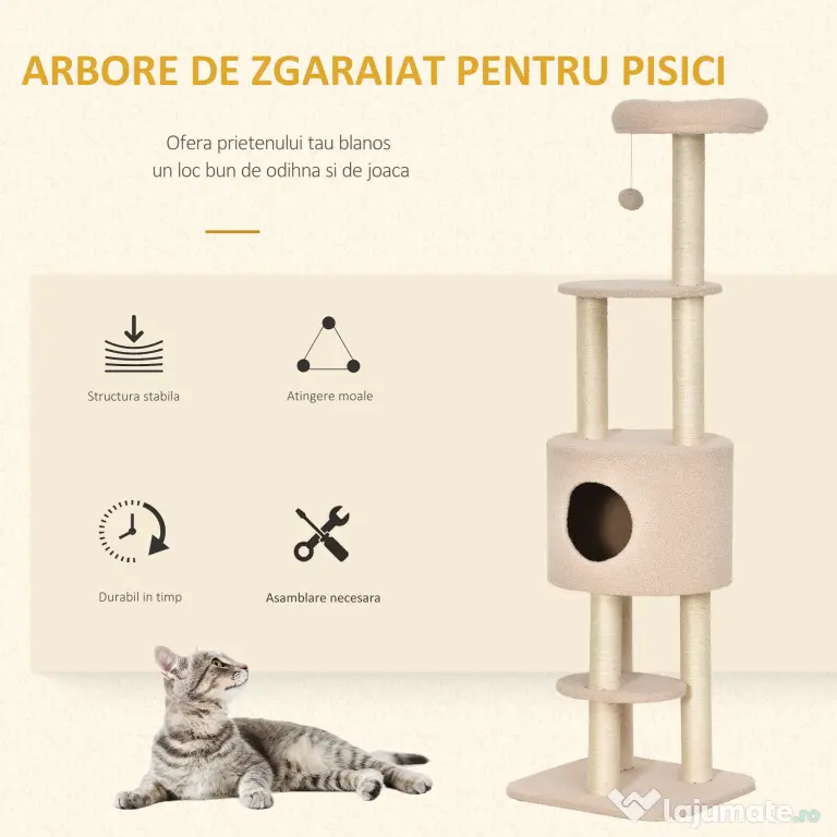 Stâlp de Zgâriat pentru Pisici PawHut, Multi-Activitate cu Cușcă și Minge Suspendată, Moale, Bej | Aosom România