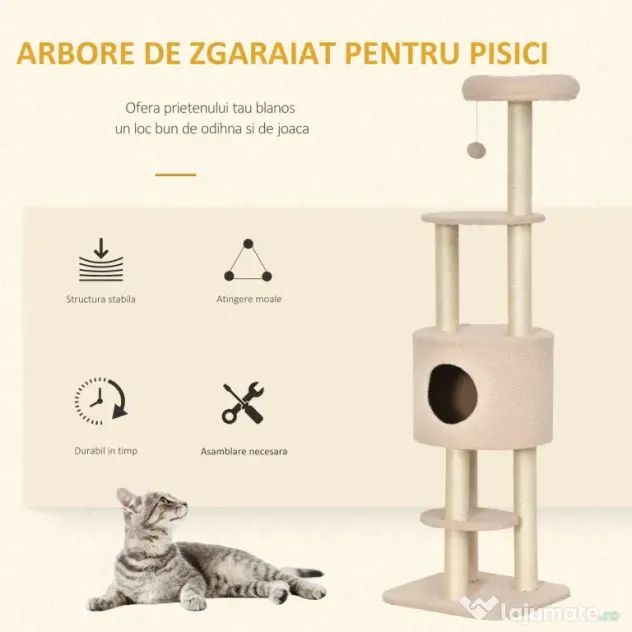Stâlp de Zgâriat pentru Pisici PawHut, Multi-Activitate cu Cușcă și Minge Suspendată, Moale, Bej | Aosom România
