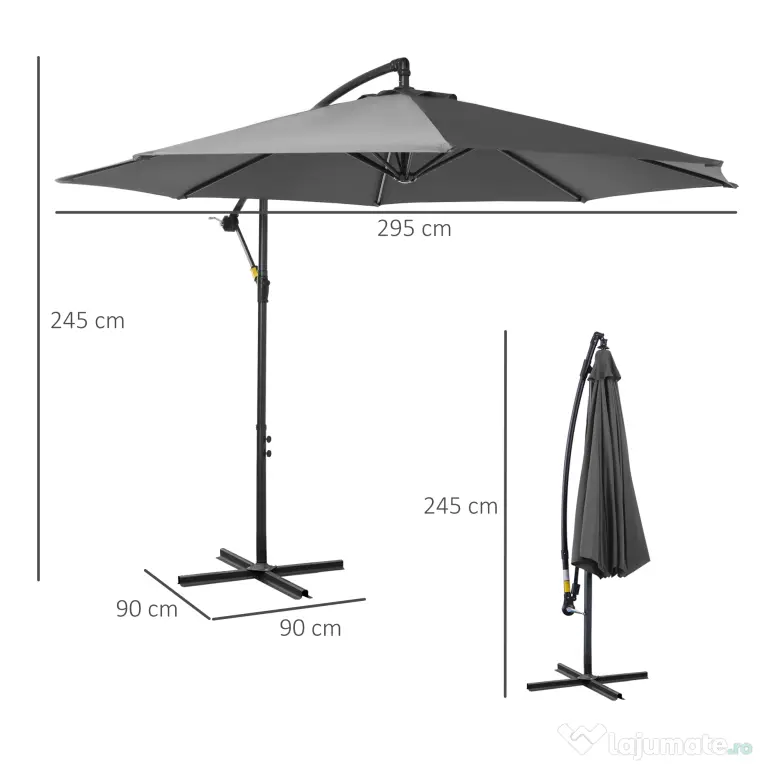 Outsunny Umbrelă Descentralizată pentru Exterior, Gri, Manivelă, Oțel și Poliester Anti-UV, Φ300x250cm | Aosom Romania