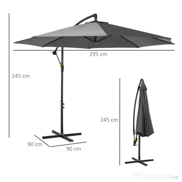 Outsunny Umbrelă Descentralizată pentru Exterior, Gri, Manivelă, Oțel și Poliester Anti-UV, Φ300x250cm | Aosom Romania