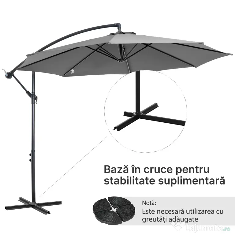 Outsunny Umbrelă Descentralizată pentru Exterior, Gri, Manivelă, Oțel și Poliester Anti-UV, Φ300x250cm | Aosom Romania