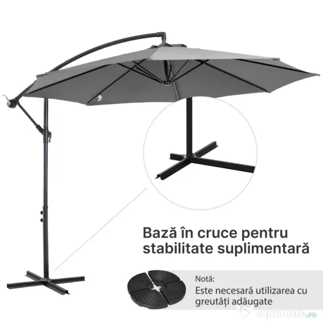 Outsunny Umbrelă Descentralizată pentru Exterior, Gri, Manivelă, Oțel și Poliester Anti-UV, Φ300x250cm | Aosom Romania