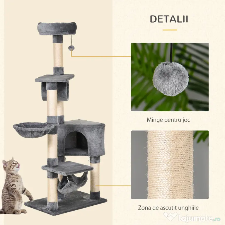 PawHut Stalp de zgarieturi pentru Pisici cu Cusca Hamac Patucuri Suspendate si Stalpi din Franghie Sisal Gri 60x40x154cm | Aosom Romania
