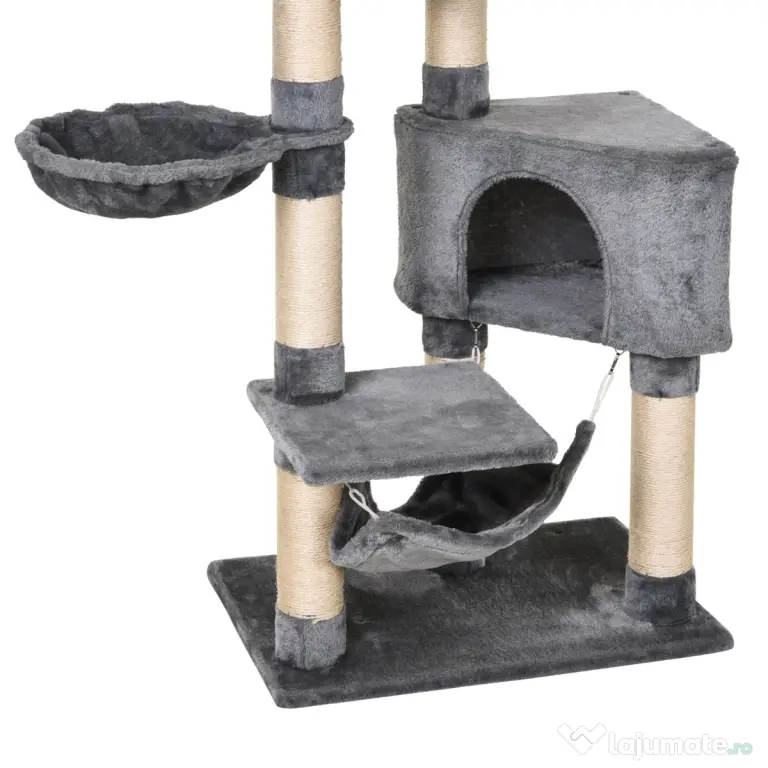 PawHut Stalp de zgarieturi pentru Pisici cu Cusca Hamac Patucuri Suspendate si Stalpi din Franghie Sisal Gri 60x40x154cm | Aosom Romania