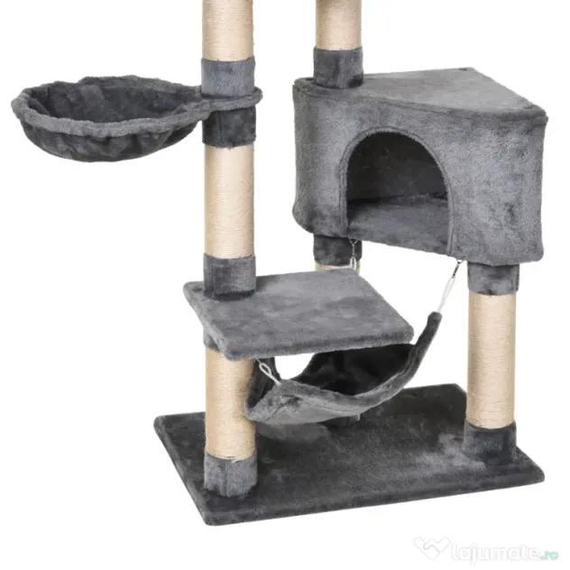 PawHut Stalp de zgarieturi pentru Pisici cu Cusca Hamac Patucuri Suspendate si Stalpi din Franghie Sisal Gri 60x40x154cm | Aosom Romania