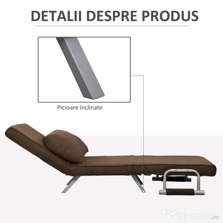 HOMCOM Fotoliu Pat Individual 3 în 1 cu Spătar Reglabil pe 5 Nivele și Pernă, 65x69x80 cm, Maro | Aosom Romania