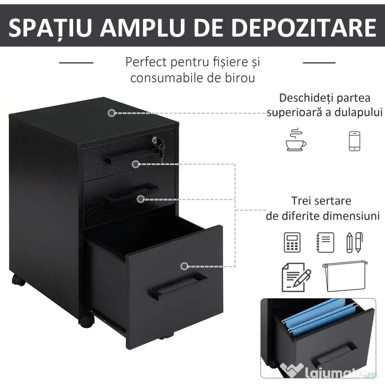 HOMCOM comoda documente, 3 sertare, 39.2x40x65.4 cm | Aosom Romania