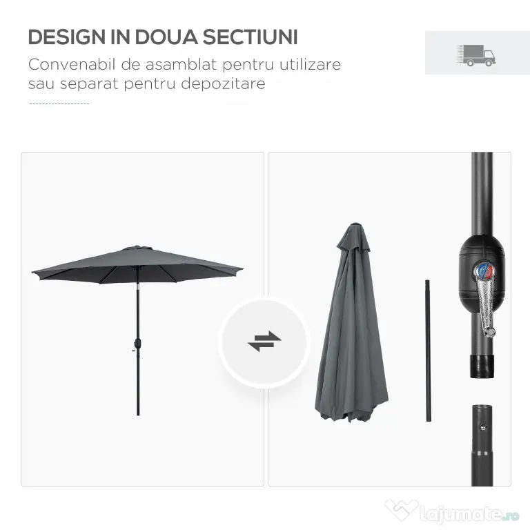 Outsunny Umbrela de Gradina Φ300cm cu Manivela, Gri Inchis | Aosom Romania