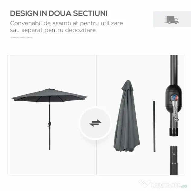 Outsunny Umbrela de Gradina Φ300cm cu Manivela, Gri Inchis | Aosom Romania