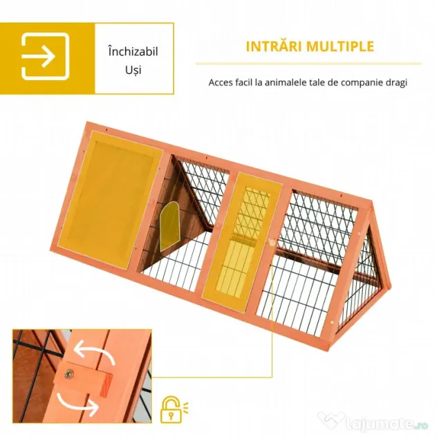 PawHut Cusca din Lemn de Brad pentru Iepuri, Habitat Exterior/Interior, 118x50x45 cm, Ușă cu Blocare, Maro | Aosom Romania