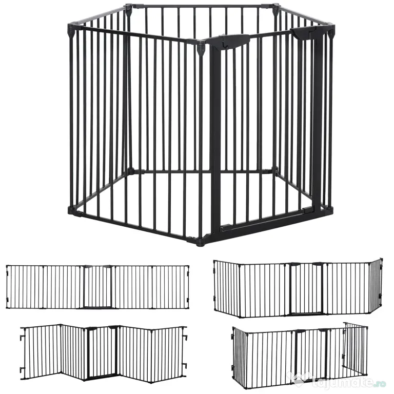PawHut Poartă pentru Câini de Talie Mică și Medie, Țarc Pliabil cu Structură Modulară cu 5 Panouri, 300x3x74.5 cm, Negru | Aosom Romania
