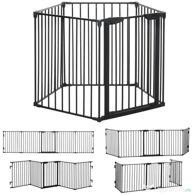 PawHut Poartă pentru Câini de Talie Mică și Medie, Țarc Pliabil cu Structură Modulară cu 5 Panouri, 300x3x74.5 cm, Negru | Aosom Romania