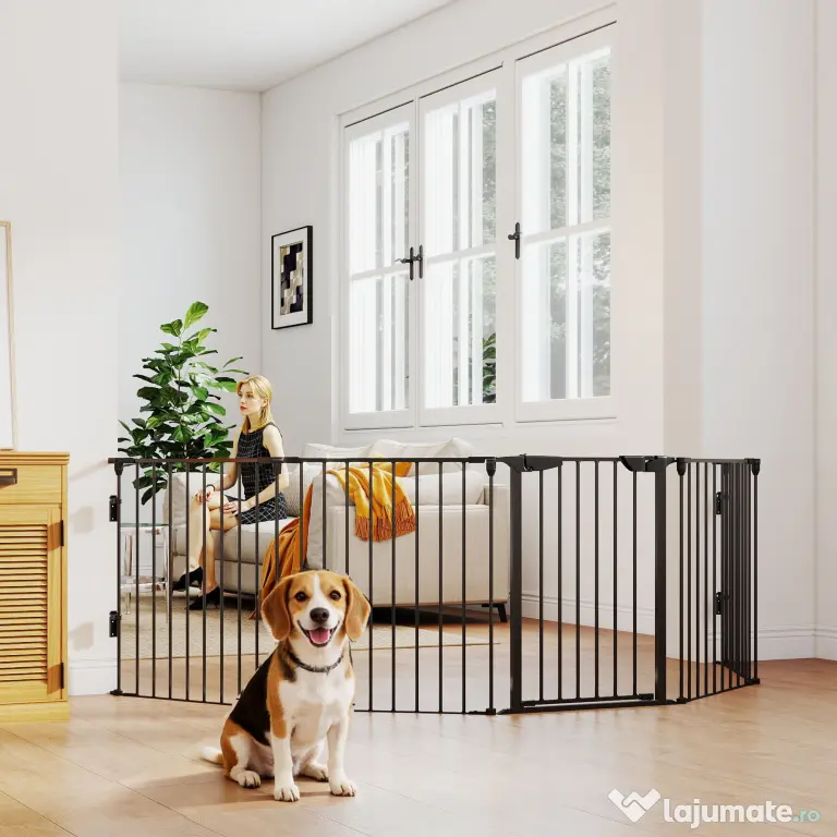 PawHut Poartă pentru Câini de Talie Mică și Medie, Țarc Pliabil cu Structură Modulară cu 5 Panouri, 300x3x74.5 cm, Negru | Aosom Romania